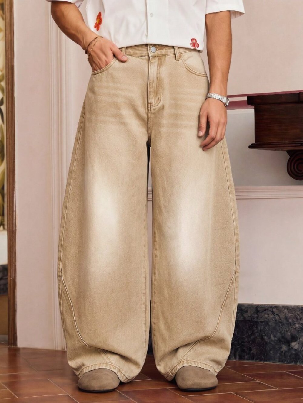 Brown Casual Men's Striped Button Pocket Travel Jeans